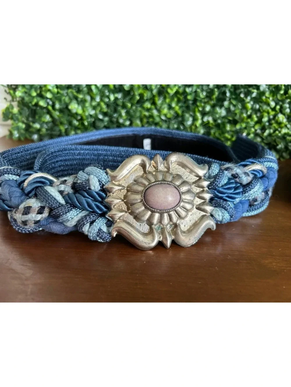 Vintage Blue Braided Belt Silver Floral Buckle Boho 80s Belt